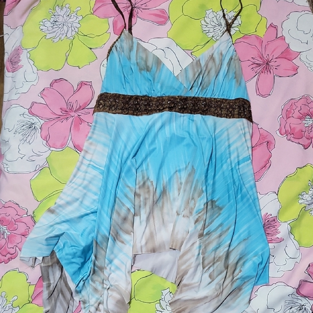 Do + Be Chic Blue and Brown Chemise With Hankerchief Hem